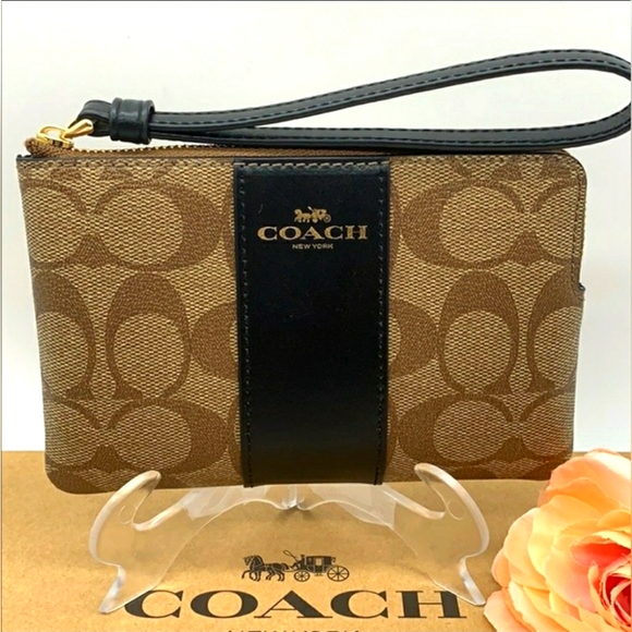 Coach Handbags - COACH Designer Double Zip Wristlet In Signature Monogram Canvas Wallet Pouch